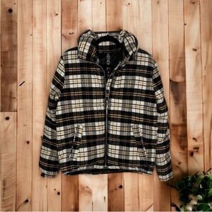 NWT Kendall & Kylie Plaid Bomber Puffer Jacket in White/Black/Yellow